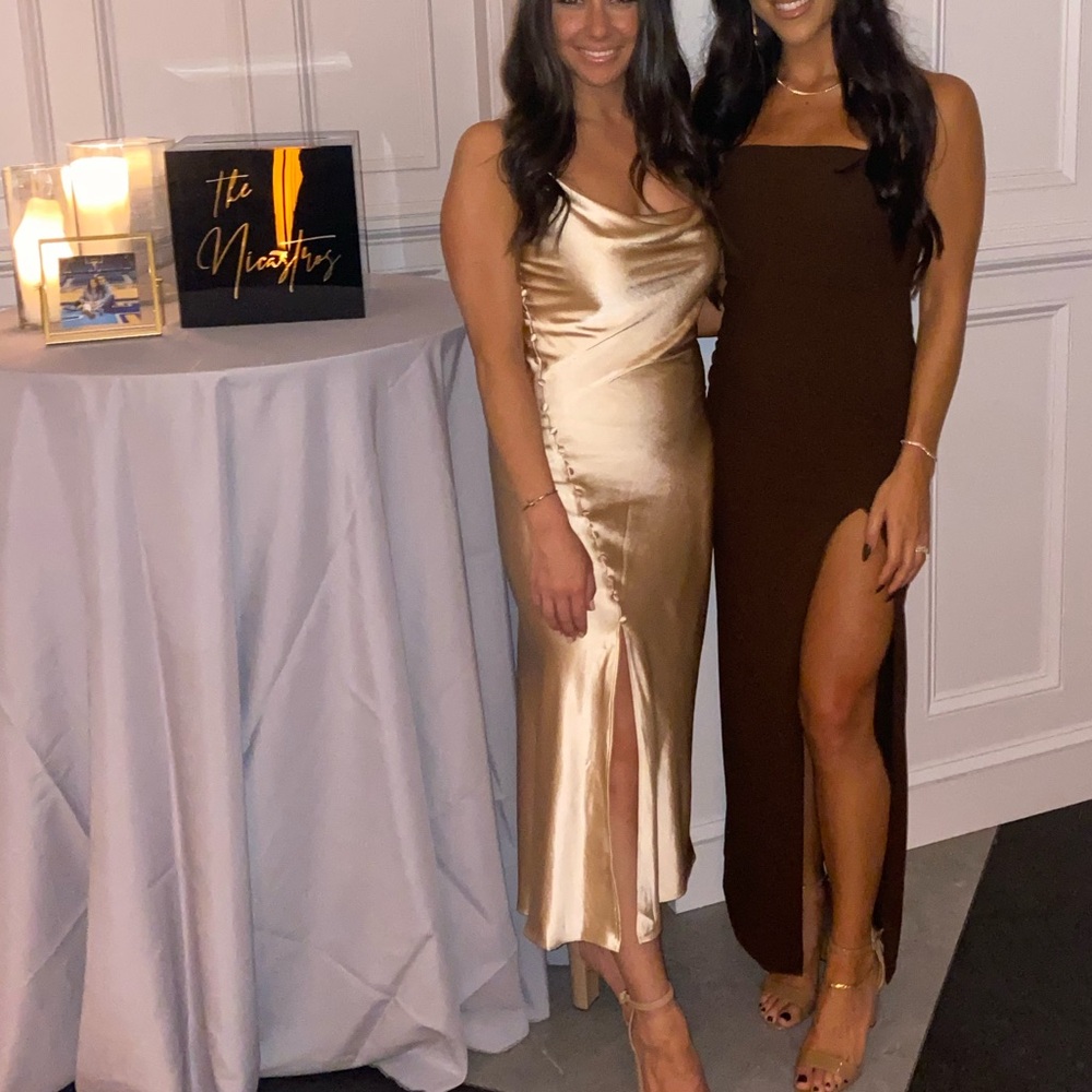 Gold spaghetti strap maxi dress with buttoned slit